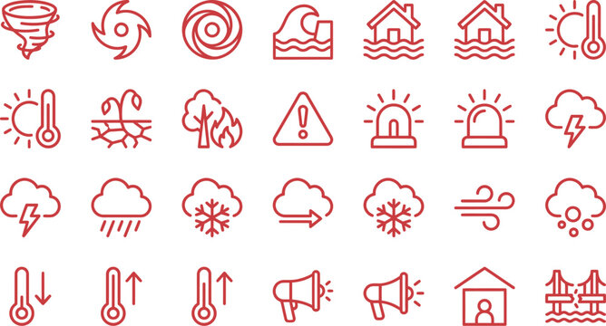 A comprehensive collection of red outline vector icons depicting natural disasters, severe weather events, and essential emergency alerts.