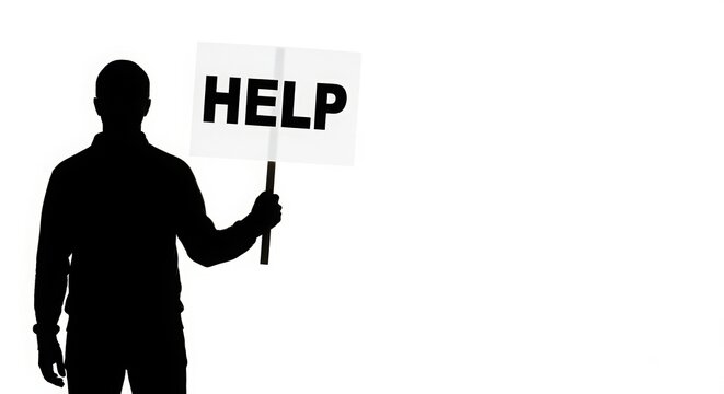silhouette person holding help sign, adult man holding sign with text help. White background with strong contrast. Simple composition. Concept of support, crisis, social issue, request for assistance
