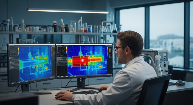 scientist analyzing thermal data in laboratory, Male scientist in laboratory analyzing thermal imaging data on dual monitors, high tech research environment, scientific equipment, modern lab interior