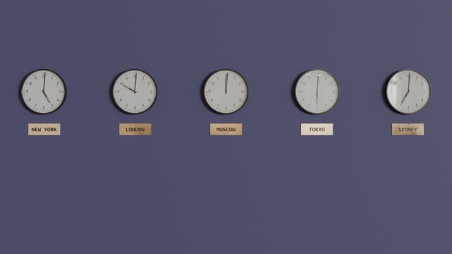 World clock wall showing multiple time zones for global business coordination. Clean loop animation, perfect for fintech, remote work, and corporate visuals. Part of series. Beautiful 3d Animation 4k