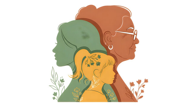 Generational women silhouettes, diverse female profiles representing different ages, family lineage and heritage, mother daughter grandmother bond illustration