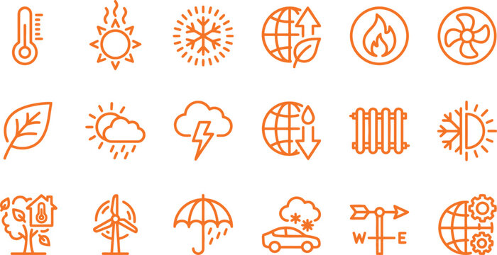 Set of orange line icons representing various weather conditions, climate change, environmental issues and meteorological energy concepts