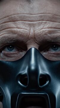 Close-up of a Man Wearing a Hannibal Lecter Mask.