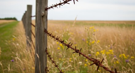 Obraz premium Rustic barbed wire fence in idyllic countryside field
