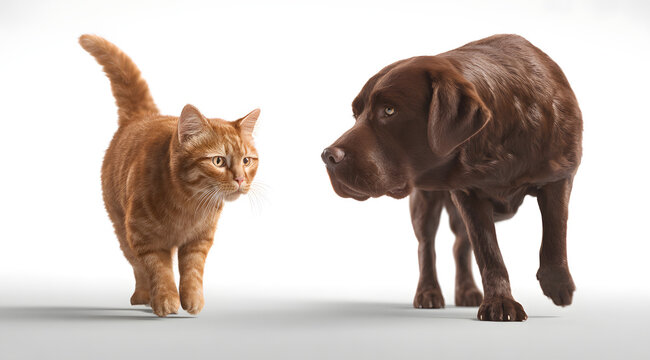The gentle chocolate Labrador is being approached by an inquisitive orange tabby cat on a transparent background.