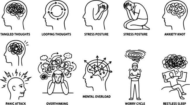 Black line vector set of anxiety and overthinking concepts, tangled brain lines, looping thoughts, stress posture, abstract mental chaos, minimalist outline isolated on white
