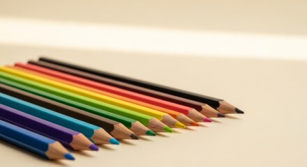 Naklejka premium Colorful rainbow pencils neatly arranged on beige desk