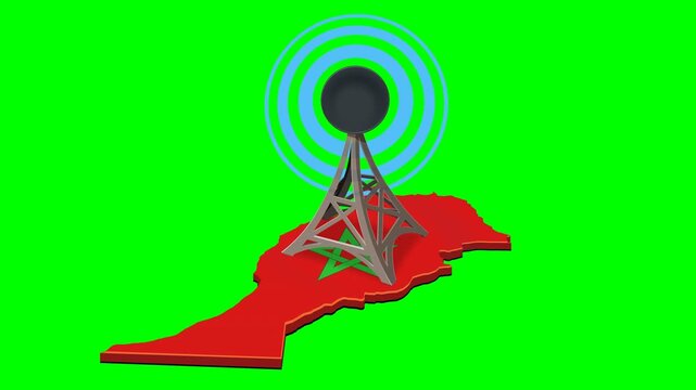 Morocco digital connectivity and telecommunication infrastructure concept. Radio tower on Moroccan map emitting signal waves. Chroma key green screen with alpha channel. (loopable)
