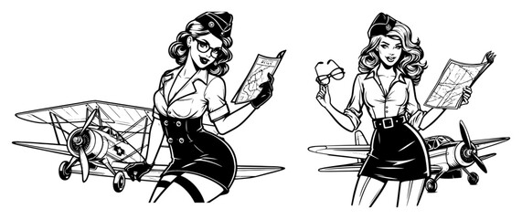 Obraz premium Pin-up Aviator Girls with Retro Biplane Vector, Vintage Female Pilot Characters with Maps Illustration, Aviation 1940s Style Line Art
