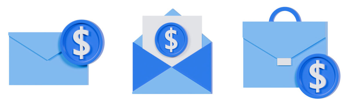 3D blue payment and money transfer icons set featuring envelope with dollar coin, open mail with payment and briefcase. Ideal for salary, invoices, financial transactions, email payments