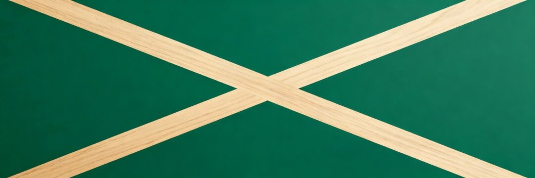 Parallel stripe intersection geometric pattern with forest green and beige wood textures creating balanced clean flat lighting abstract composition