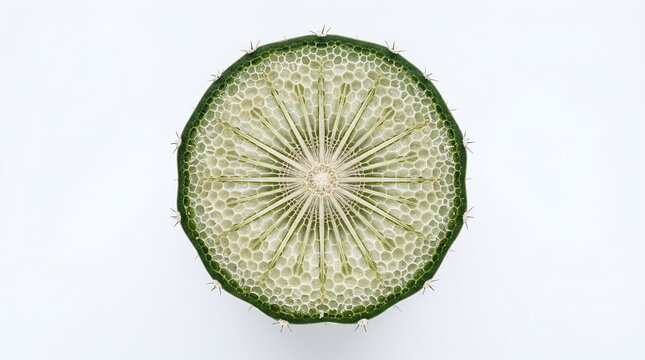 A detailed microscopic cross-section of a green plant stem on white.