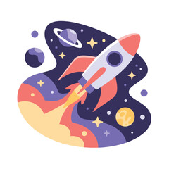 A colorful cartoon rocket ship blasting off into a starry night sky with planets © MD