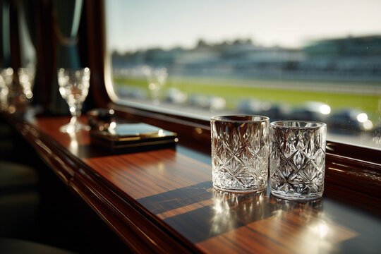 Luxury Hospitality Suite Interior with Crystal Glasses at Racecourse for Corporate VIP Event and Kentucky Derby Hosting