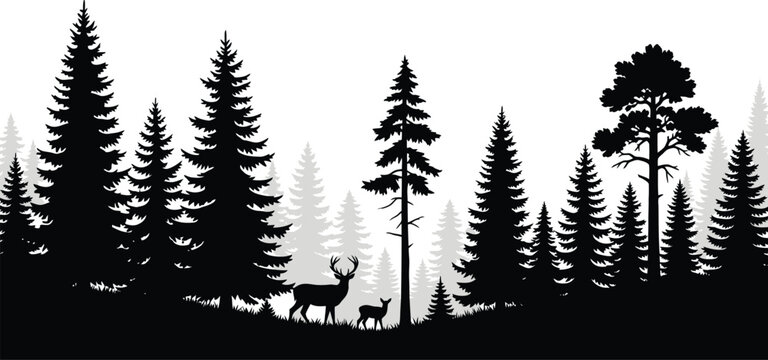 Forest silhouette with deer family a peaceful woodland scene