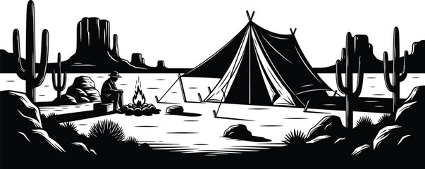 Desert landscape silhouette cactus mountains and native american tipi scene © Shuvro229