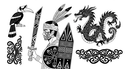Tribal warrior dragon bird and ornamental designs. © Syeh