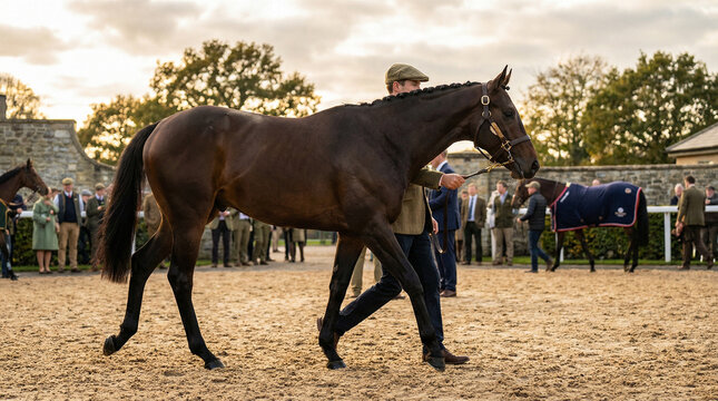 Derby contender horse being led by handler in walking ring at sunset  