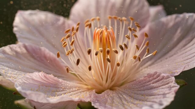 花粉が空中に舞う花のマクロ映像
