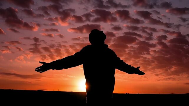 夕焼けの空の下で、両手を広げる男性のシルエットのタイムラプス