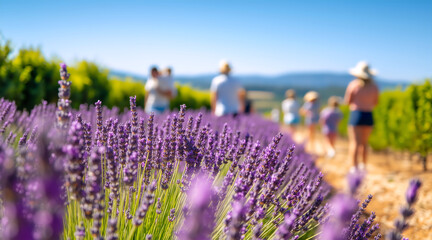 Fototapeta premium Blooming lavender flowers in a field. People walking on a dirt path in the blurred background during summer
