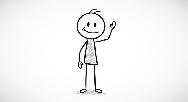 Stick Figure Man Waving Hand Smiling Isolated on White Background Hand-Drawn Sketch