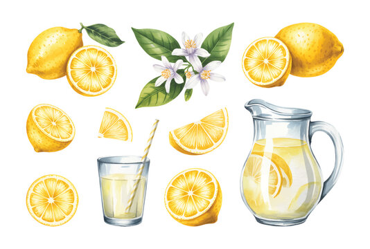 Lemon citrus composition with flowers slices glass and pitcher illustration isolated.
