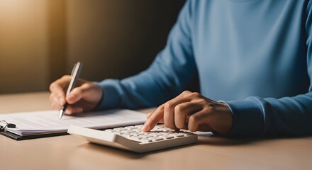 Fototapeta premium Focused person calculating finances with calculator and paper documents