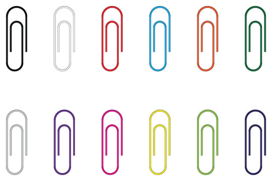 A colorful collection of paperclips arranged in two rows on a white background, Realistic paper clip set isolated on white for school supplies