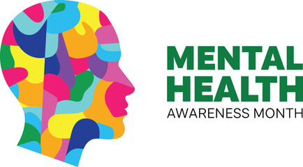 Mental health awareness month concept with a colorful human head silhouette and bold typography on white background © Ruhul