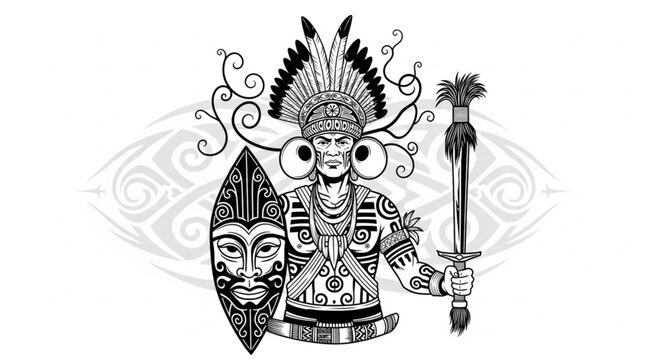 Tribal Warrior Chief Holding Shield and Scepter Illustration.