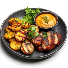 Fototapeta premium Delicious grilled chicken skewers and roasted vegetable skewers served with creamy dipping sauce on a black plate with fresh greens for a flavorful Mediterranean meal