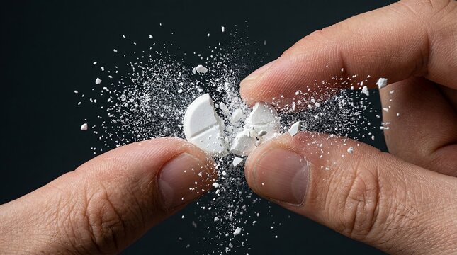Hand holds a broken tablet with powder falling, showing the process of crushing medication for easier consumption