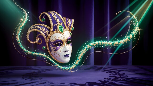 Venetian masquerade mask with ornate gold and purple details, surrounded by magical glowing green light trails and sparkles against a purple curtain backdrop