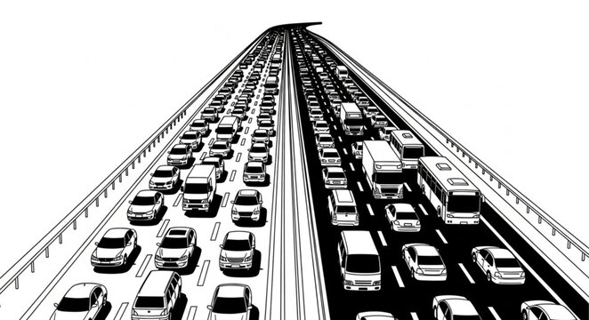 Heavy traffic jam on a multi-lane highway during rush hour.