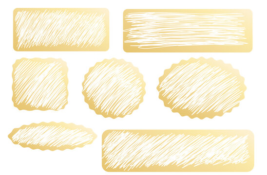 Gold scratch surfaces with new and scraped textures with Win, Prize and money winning text. Set of of winner lotteries, sale coupons, jackpot scratchcards templates. Vector flat  realistic illustratio