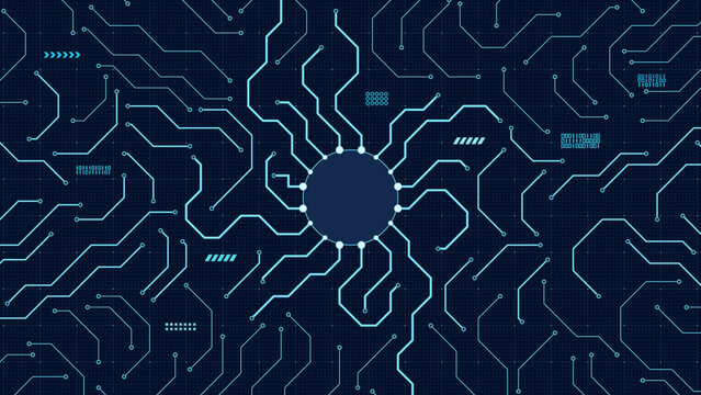 Futuristic circuit board background vector featuring a round central processor and radial signal paths, designed for AI, cloud infrastructure, telecom visuals, and digital innovation themes.