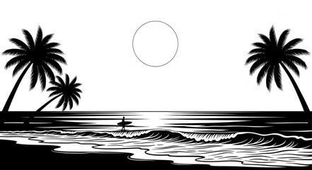Surfer silhouette on a tropical beach at sunset with palm trees. © Izas ganis