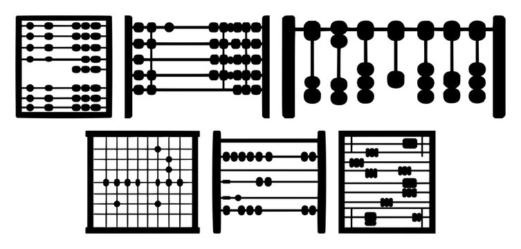 Abacus counting icon set with solid black shapes featuring math, numbers, calculation with learning and education