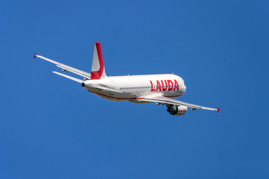 Luqa, Malta - April 11, 2026: Lauda Europe Airbus A320-214 (REG: 9H-LOS) on an SID departure runway 13.