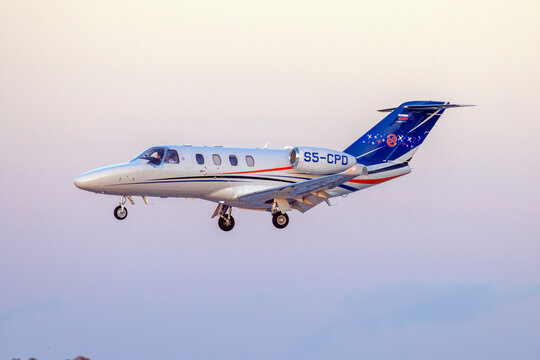 Luqa, Malta - March 19, 2026: Aviator.S5 Cessna 526 Citationjet M2 (REG: S5-CPD) on finals runway 31 as the sun is setting.