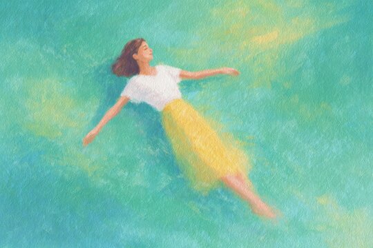 A woman in a white top and yellow skirt floating in the water painted in oil on canvas. the woman is surrounded by a peaceful atmosphere with the sun shining down on her and the waves lapping against.