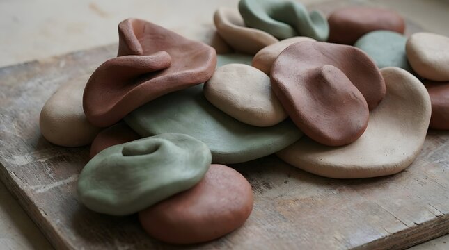 A close-up shot of various handmade organic clay shapes in natural earthy tones resting on a weathered wooden board showcasing artisanal craftsmanship.