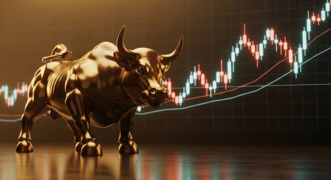 Golden bull statue against stock market graph with upward trend during golden hour