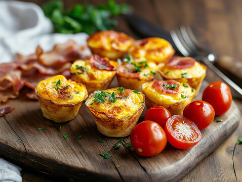 A rustic wooden board filled with golden, fluffy mini omelet muffins, each with a slightly crispy, cheesy top with finely chopped herbs and  cherry tomatoes.