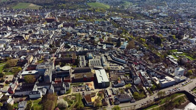 An aerial panorama view of the city Trier,  on a sunny early spring noon in Germany beside the river Mosel.