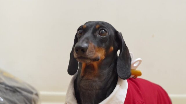 A dachshund in a white shirt and red sweater looks up and around with huge surprised eyes, a shocked pet portrait.