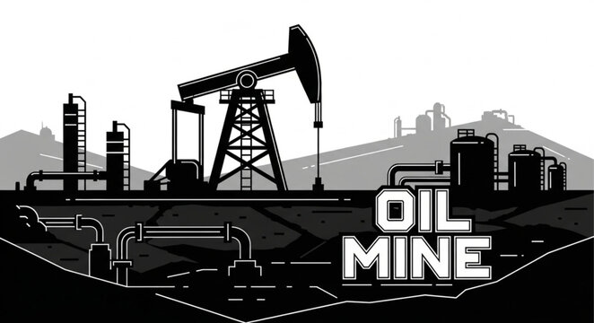 Oil mining industry equipment and infrastructure illustration.