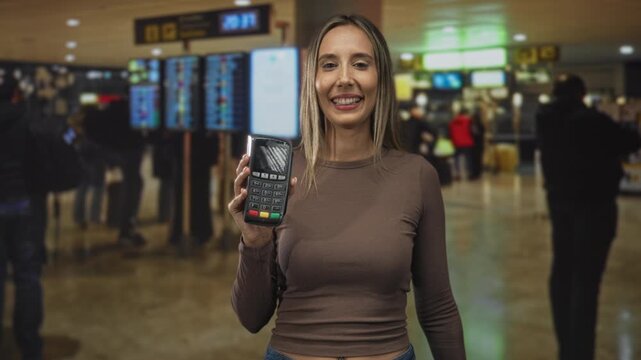 Woman holding a portable card reader payment terminal at a busy airport checkin area, smiling and pointing with free hand; cheerful contactless convenience.