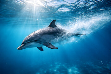 Obraz premium Dolphin speeding through crystal clear blue ocean, sunlight rays illuminating water, bubbles trailing behind, dynamic motion, ultra realistic underwater scene, wide angle marine photography. 